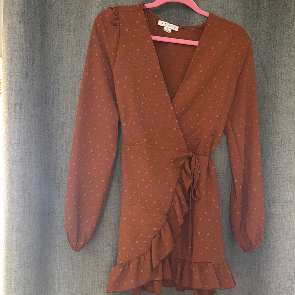 Brown Wrap Dress with Ruffle Hem